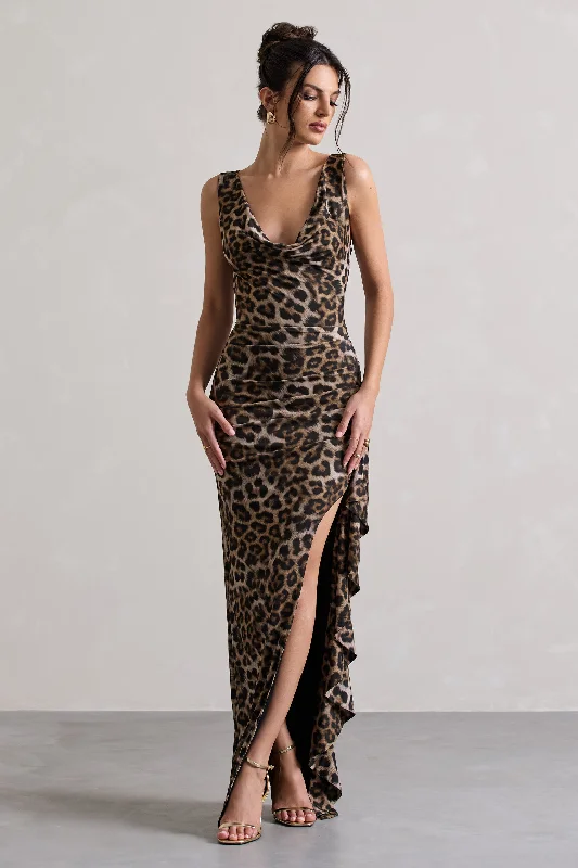 Kaida | Leopard Print Cowl-Neck Ruffled Split Maxi Dress Elegant Maxi Dress with Ruffles