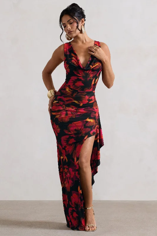 Kaida | Red Floral Print Cowl-Neck Ruffled Split Maxi Dress Comfortable T-Shirt Maxi Dress