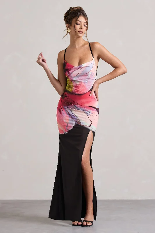 Kali | Black Floral Print Cowl-Neck Open-Back Split Maxi Dress Fashionable Chiffon Tiered Maxi Dress