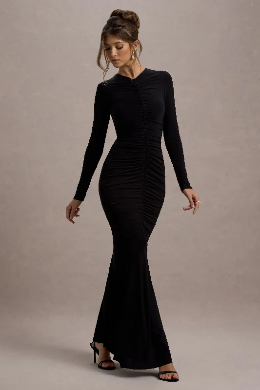 Kalilah | Black Long-Sleeve Ruched Fishtail Maxi Dress Comfortable Plunging Neckline Maxi Dress