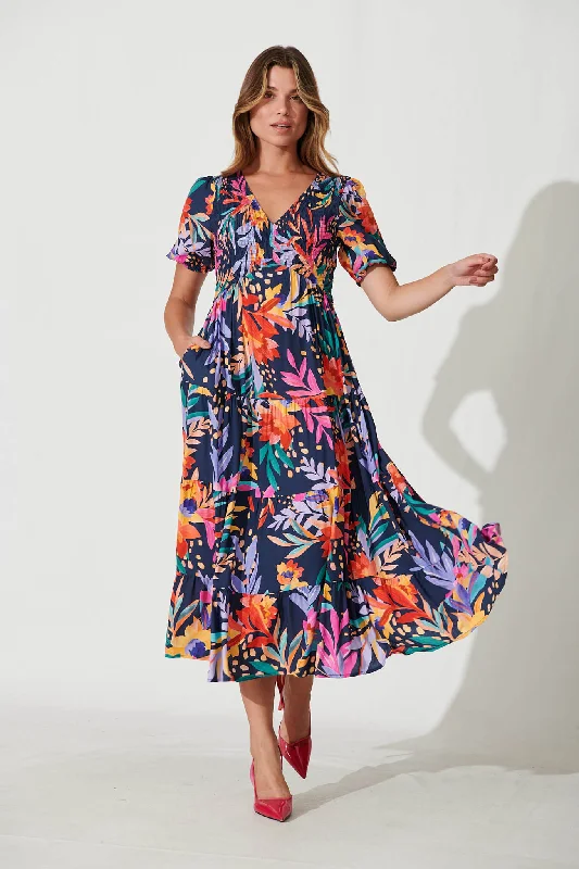 Kami Maxi Dress In Navy With Bright Leaf Print Trendy V-Neck Maxi Dress