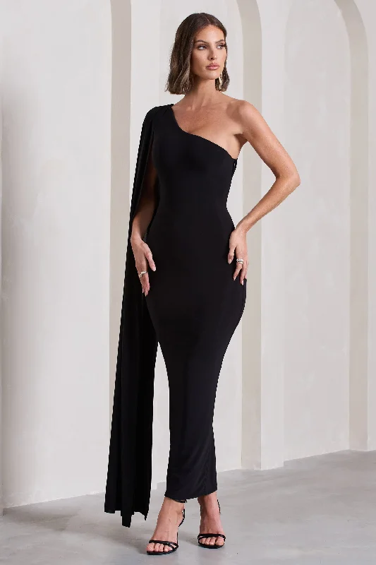 Kamila | Black One Shoulder Cape Sleeve Open-Back Maxi Dress Classic Black Maxi Dress