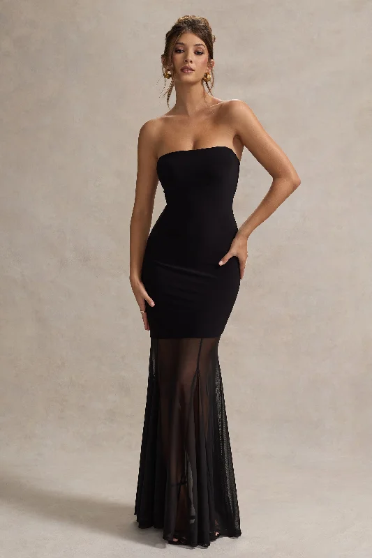 Kaylen | Black Bandeau Mesh Fishtail Maxi Dress Fashionable Chiffon Tiered Maxi Dress