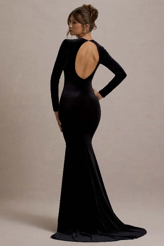 Keaton | Black Velvet Long-Sleeve Open-Back Maxi Dress Stylish Boho Chic Maxi Dress