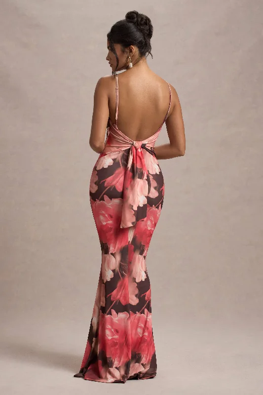 Kelila | Red Floral Print Strappy Open-Back Split Maxi Dress Cozy Knitted Maxi Dress