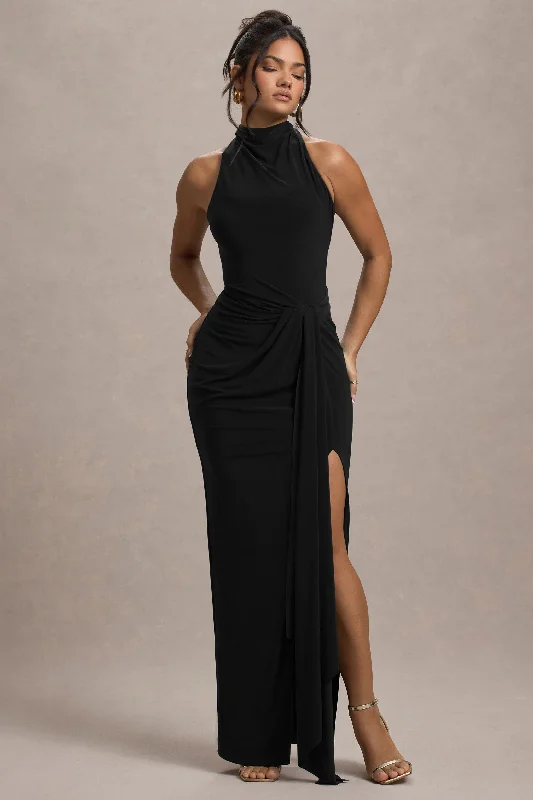 Khari | Black High-Neck Twisted Maxi Dress With Drape Comfortable Maxi Dress with Belt