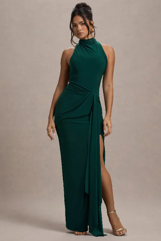 Khari | Bottle Green High-Neck Twisted Maxi Dress With Drape Trendy Button Front Maxi Dress