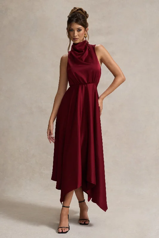 Kerri | Berry Satin Cowl-Neck Maxi Dress Comfortable Plunging Neckline Maxi Dress