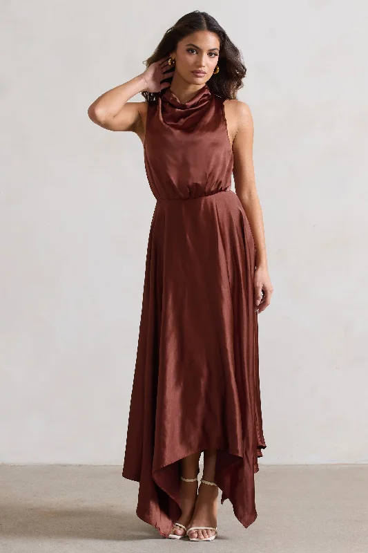 Kerri | Chocolate Brown Satin Cowl-Neck Maxi Dress Fashionable Chiffon Maxi Dress