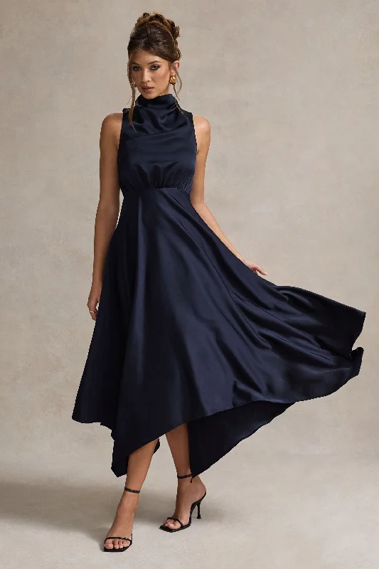 Kerri | Navy Satin Cowl-Neck Maxi Dress Elegant Lace Maxi Dress