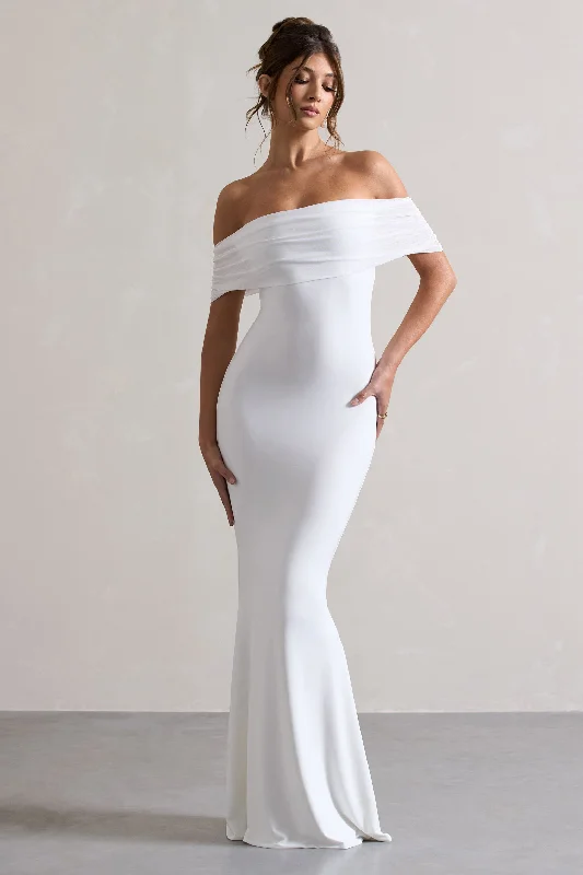 Kiana | White Bardot Maxi Dress Comfortable Fit-and-Flare Maxi Dress