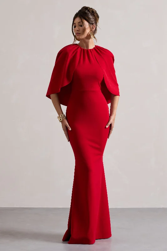 Kianne | Red Draped Short-Sleeve Maxi Dress Cozy Open-Back Maxi Dress