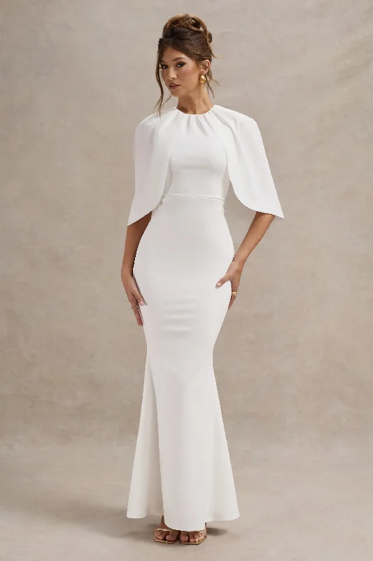 Kianne | White Draped Short-Sleeve Maxi Dress Stylish V-Neck Maxi Dress