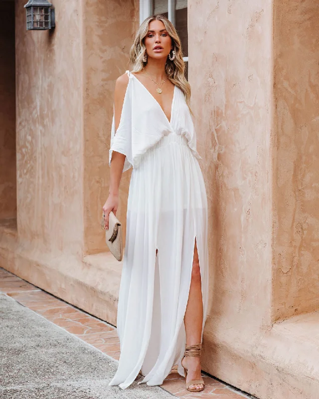 Korrine Cold Shoulder Maxi Dress - Off White Comfortable Maxi Dress with Sleeves