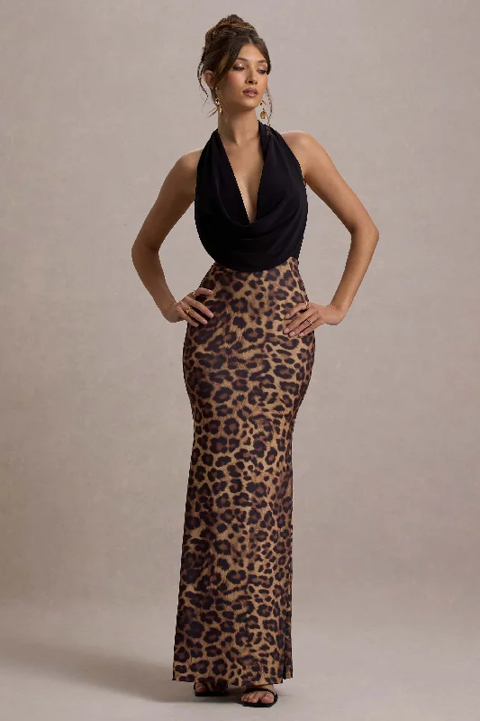 Krystal | Animal Print Deep Plunge-Neck Maxi Dress Stylish Off-Shoulder Maxi Dress