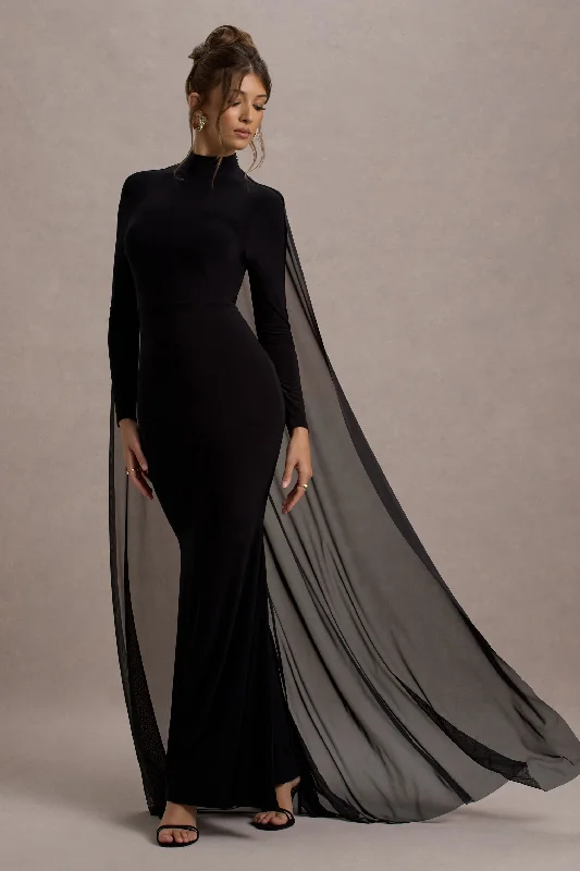 La Nuit | Black High-Neck Long-Sleeve Maxi Dress With Cape Classic Tulle Maxi Dress