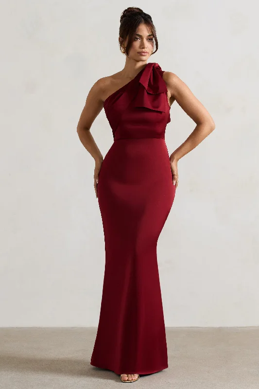 Lady | Berry Satin One Shoulder Maxi Dress With Bow Trendy Satin Maxi Dress