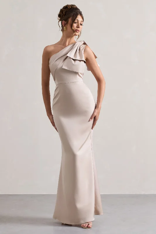 Lady | Champagne Satin One Shoulder Maxi Dress With Bow Casual Maxi Dress with Pockets