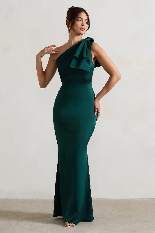 Lady | Bottle Green Satin One Shoulder Maxi Dress With Bow Elegant Maxi Dress with Drapes