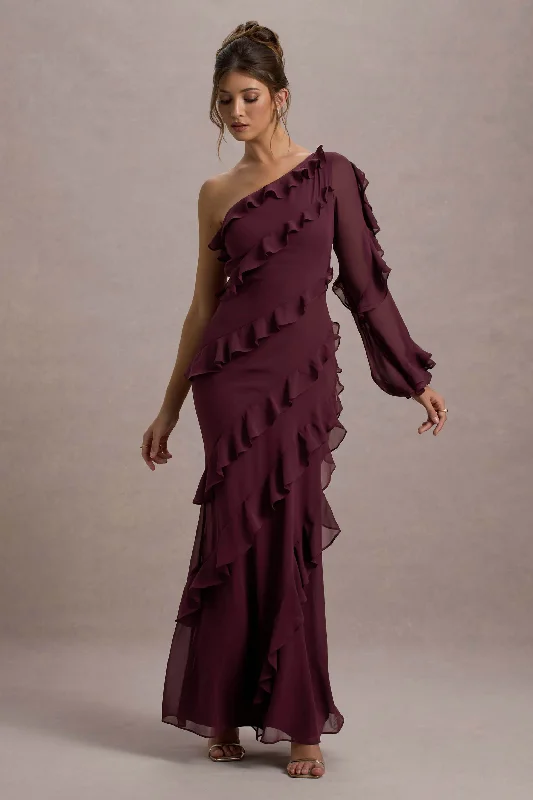 Lalika | Burgundy Asymmetric One-Sleeve Ruffle Maxi Dress Comfortable Casual Maxi Dress