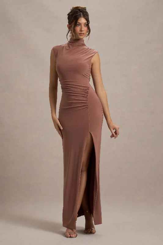 Lanetta | Chestnut Brown Ruched High-Neck Maxi Dress With Split Stylish V-Neck Maxi Dress