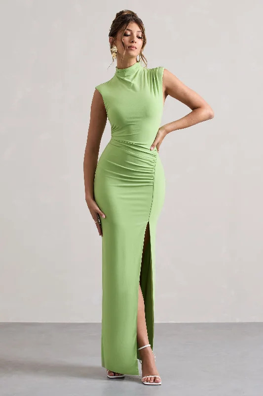 Lanetta | Light Green Ruched High-Neck Maxi Dress With Split Fashionable Button-Down Maxi Dress