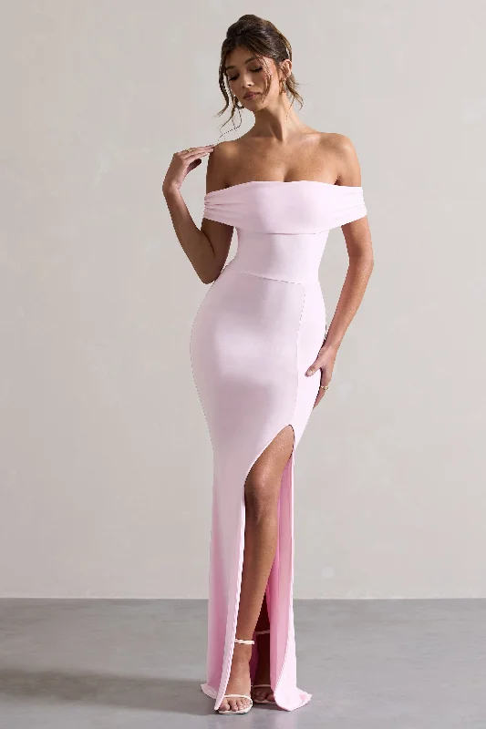 Law of Attraction | Pink Bardot Draped Split Maxi Dress Stylish Button-Up Maxi Dress