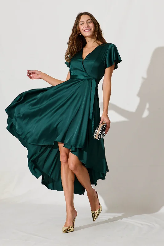 Loulou Maxi Dress In Emerald Satin Elegant Velvet Maxi Dress