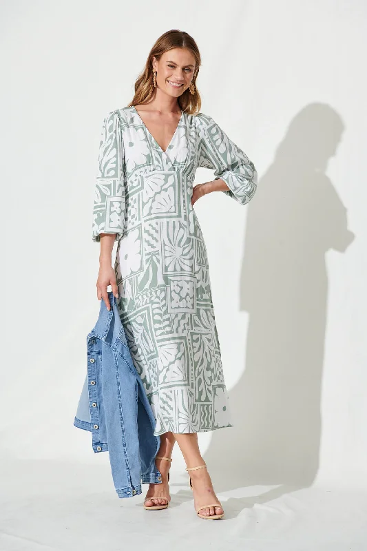 Meadow Maxi Dress In White With Sage Abstract Linen Blend Chic Button-Up Maxi Dress