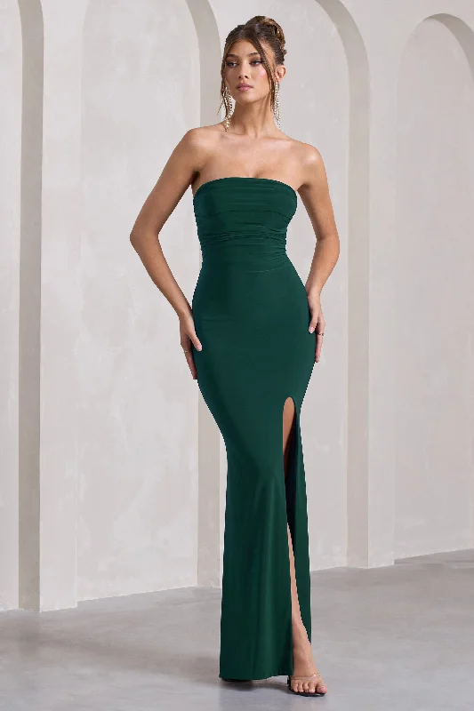 Midnight Calling | Bottle Green Bandeau Split Lace-Up Maxi Dress Elegant Maxi Dress with Pockets