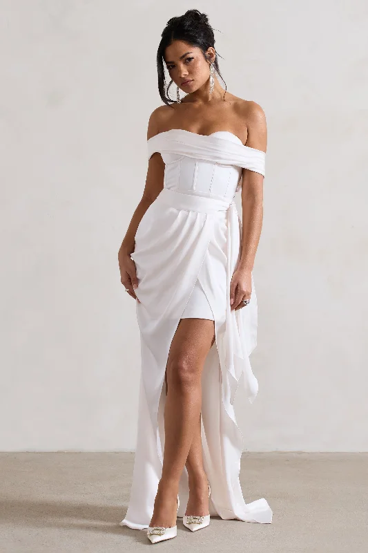 Milano | Cream Satin Bardot Maxi Dress With Detachable Skirt Chic Sleeveless Maxi Dress