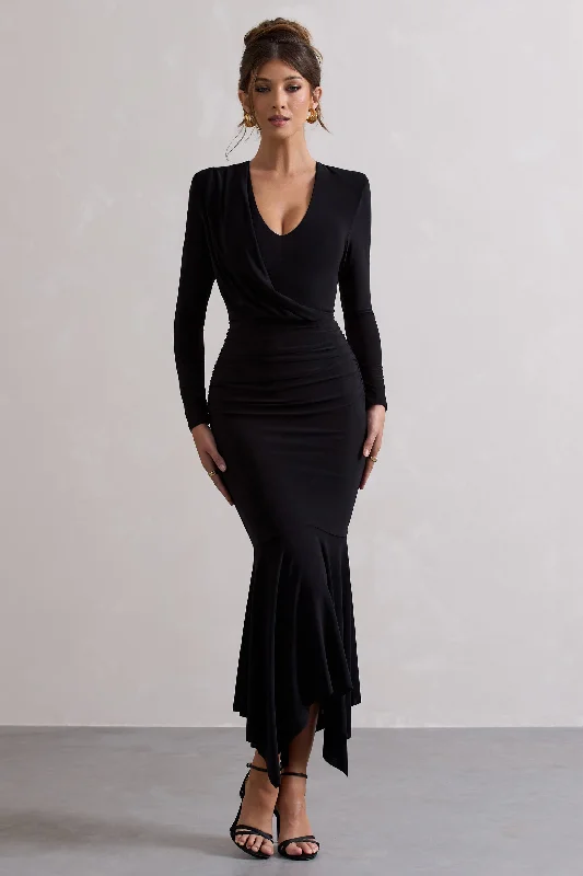 Milena | Black Plunge-Neck Maxi Dress With Draped Hem Trendy Ruffled Maxi Dress