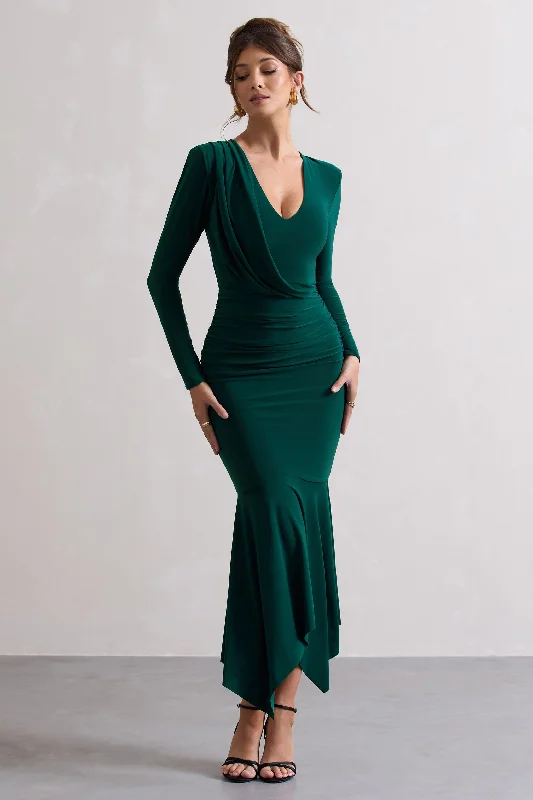 Milena | Bottle Green Plunge-Neck Maxi Dress With Draped Hem Comfortable Plunging Neckline Maxi Dress