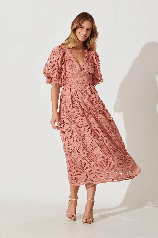 Millie Lace Maxi Dress In Dusty Rose Fashionable Faux Wrap Maxi Dress