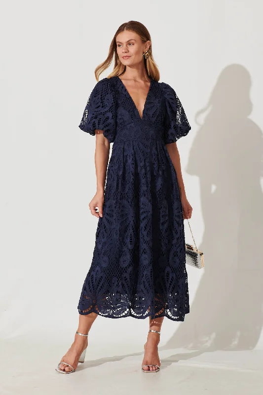 Millie Lace Maxi Dress In Navy Cozy Ruffle Sleeve Maxi Dress