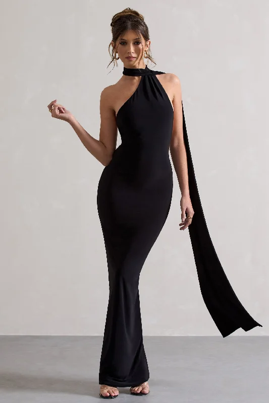 Miss | Black One Shoulder Backless Maxi Dress With Scarf Trendy Fit-and-Flare Maxi Dress