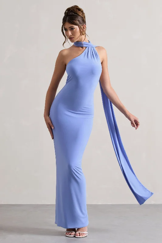 Miss | Pale Blue One Shoulder Backless Maxi Dress With Scarf Trendy Ruffled Maxi Dress