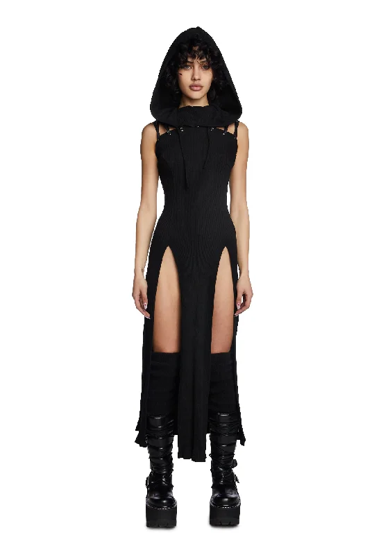 Modulation Black Hooded Maxi Dress Classic A-Line Maxi Dress