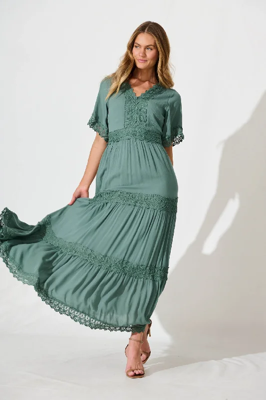 Mona Maxi Dress In Dark Sage Green Chic Off-Shoulder Maxi Dress