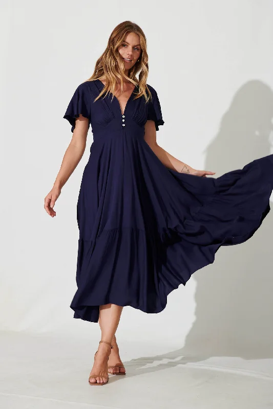 Nevada Maxi Dress In Navy Chic Boho Print Maxi Dress