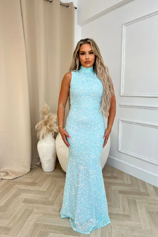 Oscars VIP Mint Luxe High Neck Backless Jewel Beaded Sequin Hourglass Maxi Dress Elegant Lace-Up Maxi Dress