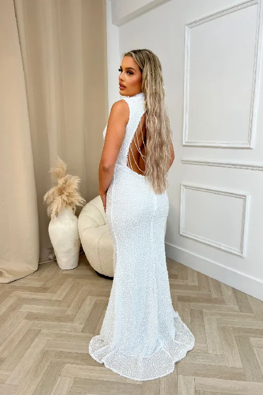 Oscars VIP White Luxe High Neck Backless Jewel Beaded Sequin Hourglass Maxi Dress Elegant Tiered Maxi Dress