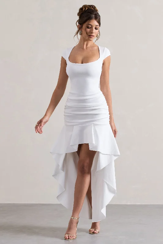 Parisa | White Ruched Short-Sleeve High-Low Maxi Dress Stylish Empire Waist Maxi Dress