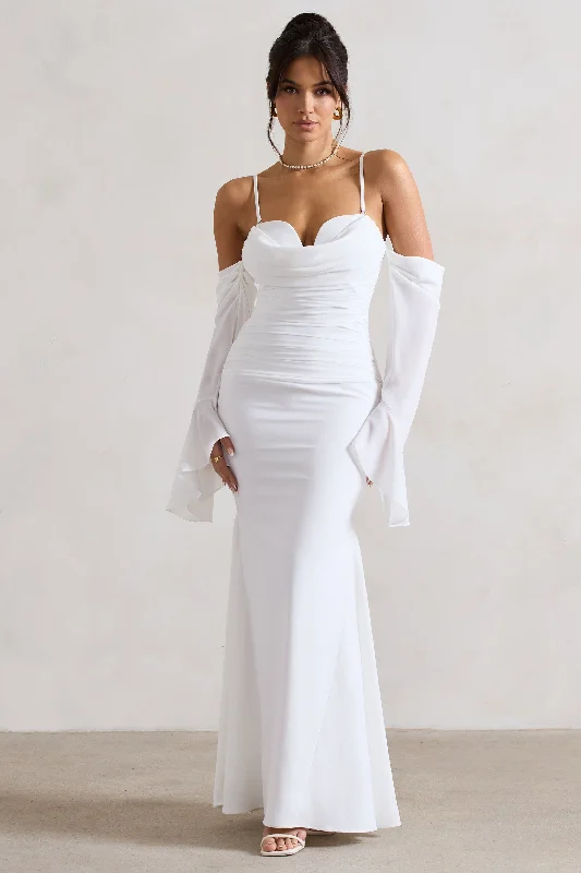 Rhiannon | Cream Draped Flared-Sleeve Fishtail Maxi Dress Chic Summer Maxi Dress