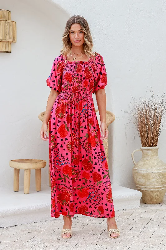 Rio Shirred Maxi Dress - Raspberry Comfortable Satin Maxi Dress