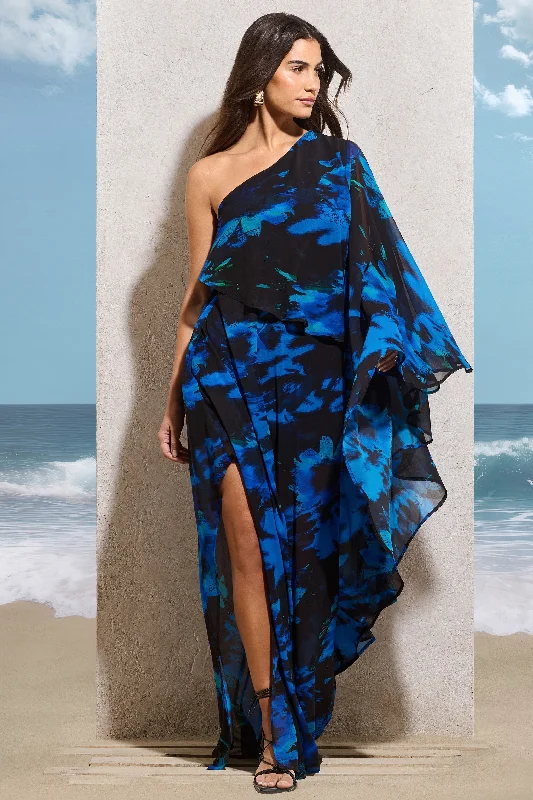 Ripple | Navy Floral Print Chiffon Oversized Asymmetric Maxi Dress Trendy Button Front Maxi Dress