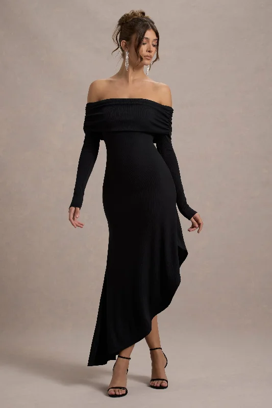 Romina | Black Rib Knit Bardot Maxi Dress With Asymmetric Hem Fashionable Chiffon Maxi Dress