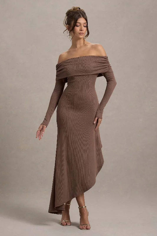 Romina | Mocha Rib Knit Bardot Maxi Dress With Asymmetric Hem Stylish Boho Maxi Dress