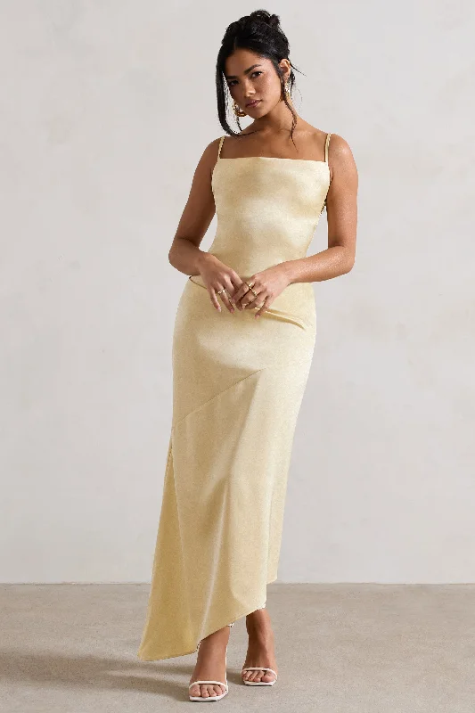 Santi | Lemon Satin Cowl-Neck Asymmetric Maxi Dress Stylish A-Line Maxi Dress