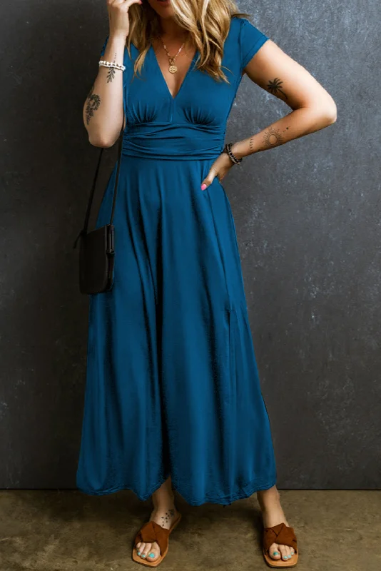 Shirred High Waist V Neck Maxi Dress Chic Button-Up Maxi Dress